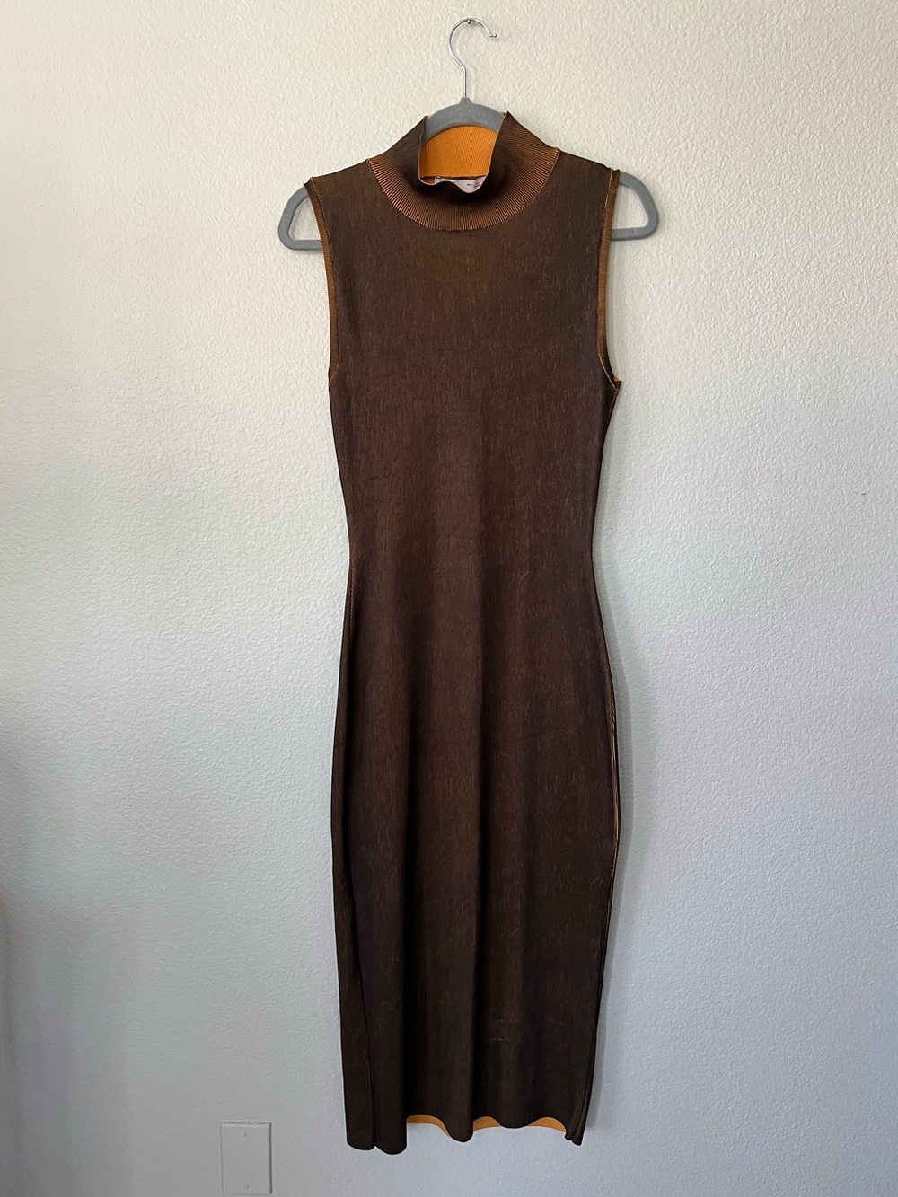 Zara Sleeveless Mock Neck Black & Yellow Midi Ribbed Dress L